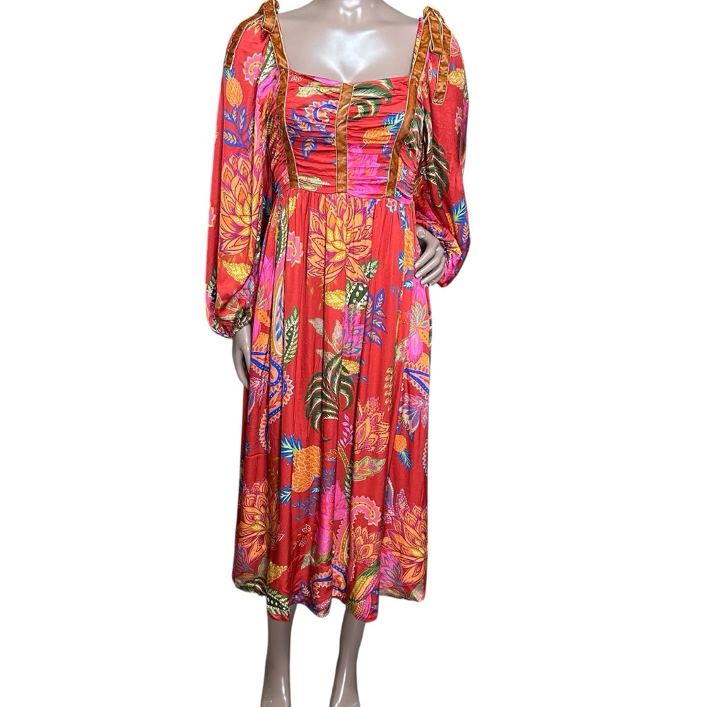 FARM Rio Red Multicolor Floral Puff-Sleeve Midi Dress - Picture 2 of 8